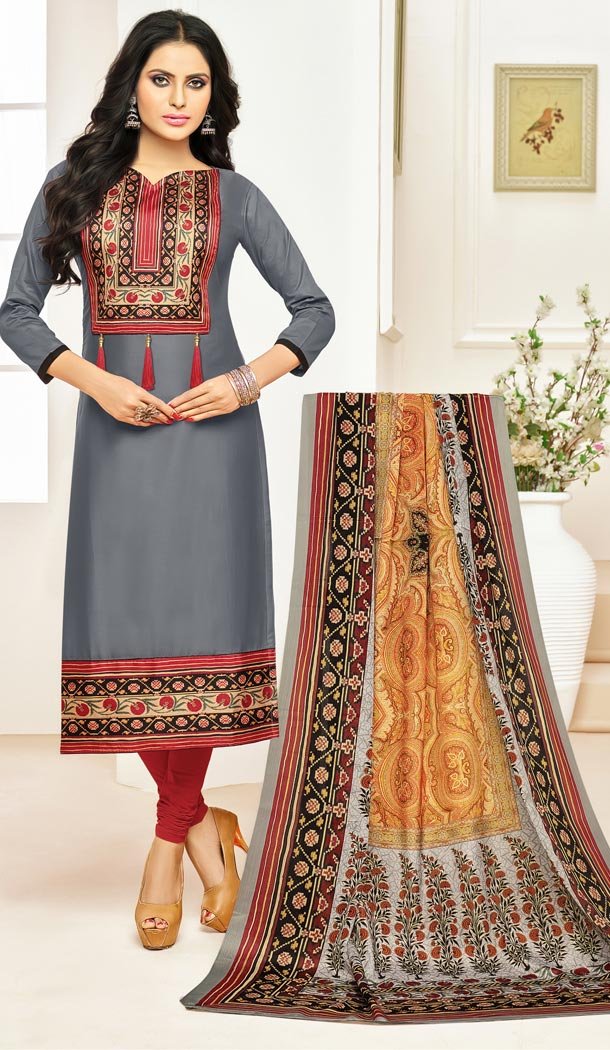 Slate Gray Color Glaze Cotton Summer Wear Salwar Kameez | KF14036217