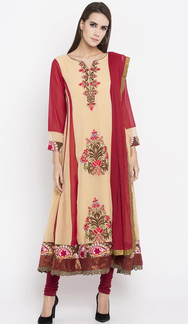 Beige Color Faux Georgette Readymade Churidar Suit | 310636158
