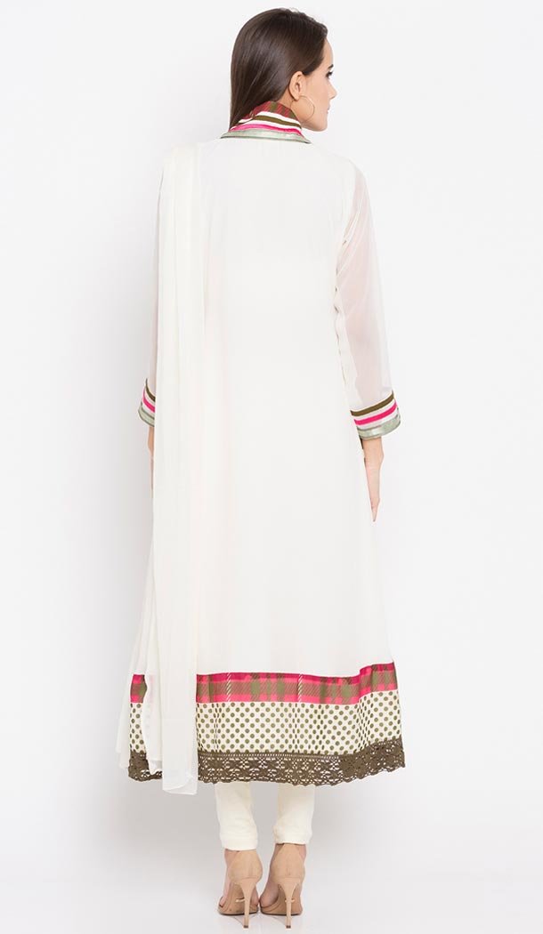 Interesting Off White Color Faux Georgette Readymade Churidar Suit | 310636163