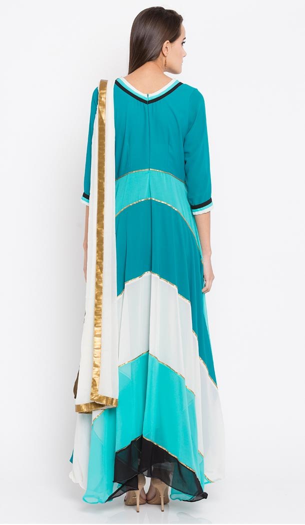 Turqoise Blue Color Faux Georgette Readymade Churidar Suit | 310636167