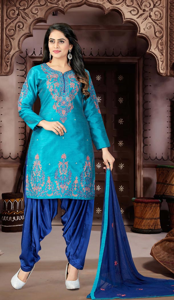 Firozi Color Malban Cotton Punjabi Patiyala Suit | 334039529