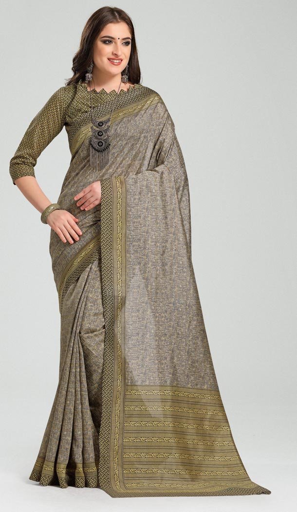 Mehendi Green Grey Color Bhagapuri Silk Casual Wear Saree Blouse | 336039746