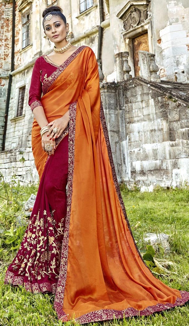 Orange Maroon Color Fancy Party Wear Saree Blouse | 336339792