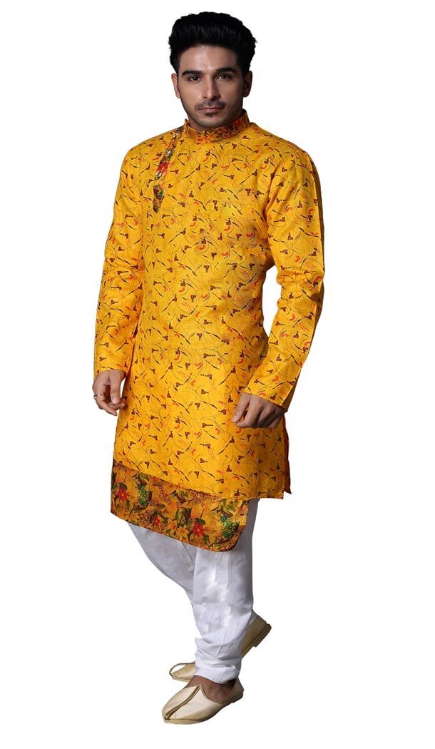 Yellow Color Print Cotton Casual kurta Pajama | 336639818
