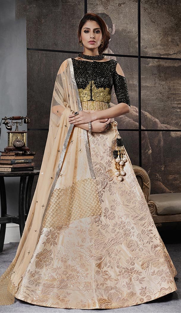 Ethnic Cream Color Jacquard Designer Womens Lehenga Choli | 323937836