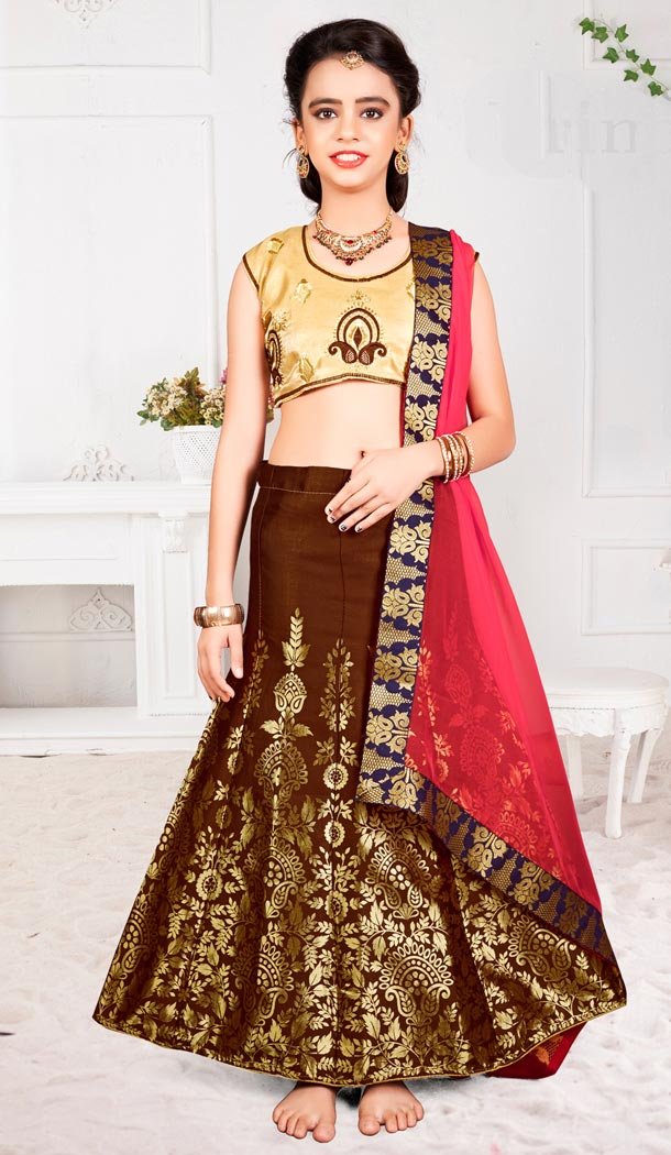 A Line Maroon Color Banarasi Designer Kids Girl Lehenga | 338840134