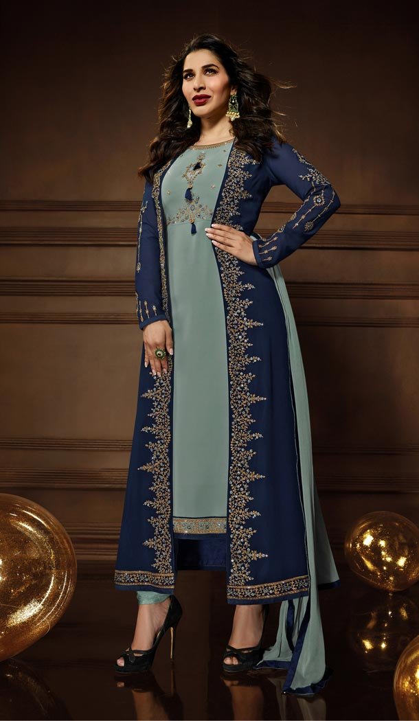 Sparkling Grey Color Georgette Churidar Suit with Jacket | 340940395