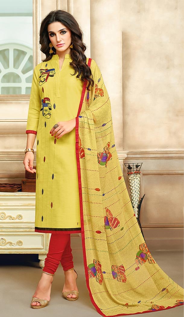 Yellow Color Chanderi Straight Cut Casual Churidar Suit | 344140690