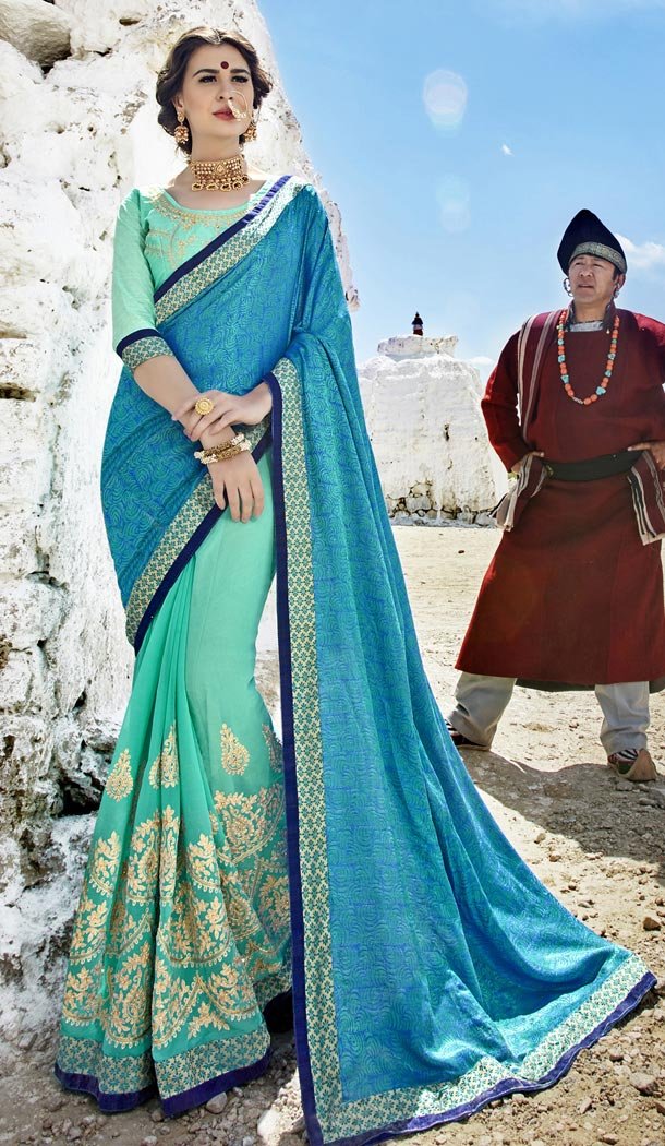 Blue Green Color Fancy Fabric Embroidery Casual Wear Saree | 336539813