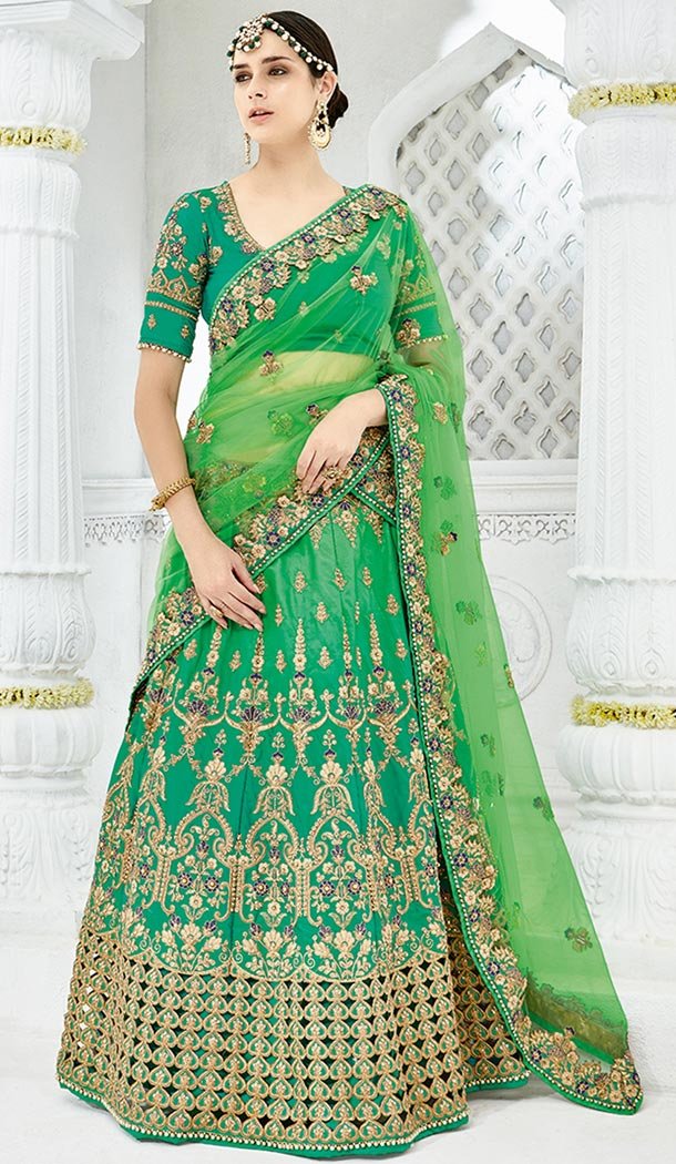 Green Color Silk Satin Heavy Designer Wedding Lehenga Choli | 346940992
