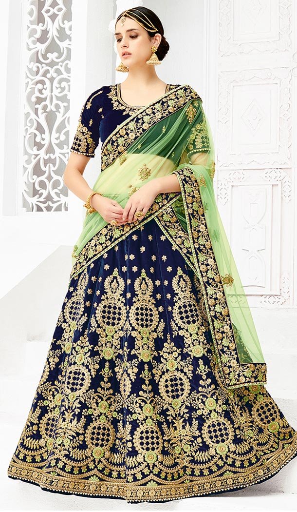 Dark Blue Color Velvet Heavy Designer Wedding Lehenga Choli | 346940998