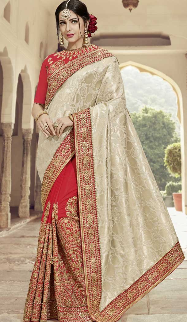 Beige and Red Color Silk Jacquard Heavy Embroidery Saree | 367043592