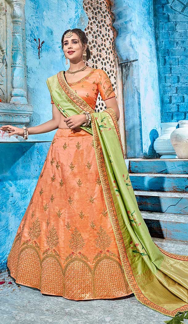 Charming Peach Color Tsilk Gotapatti Lehenga Choli | 372644487