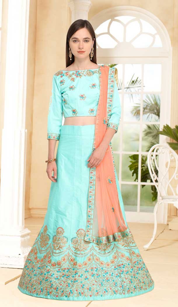 Aesthetic Aqua Color Silk Embroidery A Line Lehenga Choli | 375144823