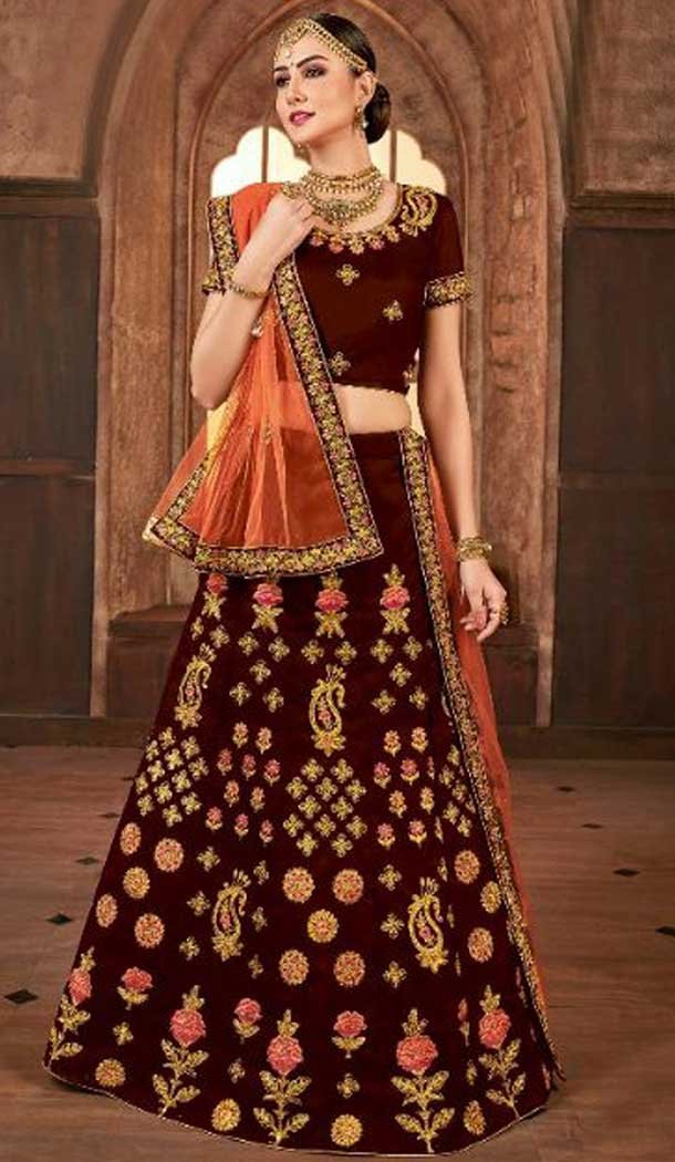 Fascinating Wine Color Satin Silk Mehenga and Ceremony Lehenga | 375844877