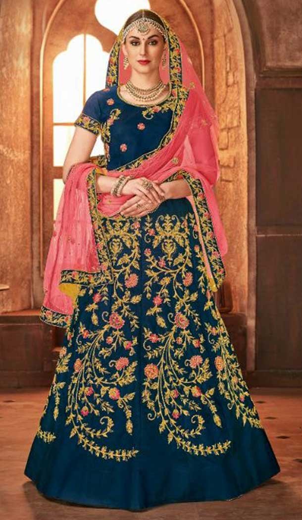 Gorgeous Blue Color Satin Silk Mehenga and Ceremony Lehenga | 375844879