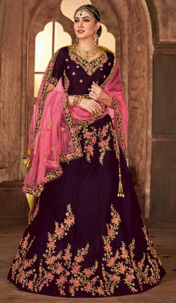 Sparkling Coffee Color Satin Silk Mehenga and Ceremony Lehenga | 375844880