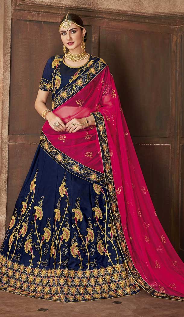 Classy Navy Blue Color Satin Silk Mehenga and Ceremony Lehenga | 375844884