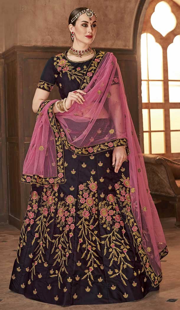 Chic Coffee Color Satin Silk Mehenga and Ceremony Lehenga | 375844885
