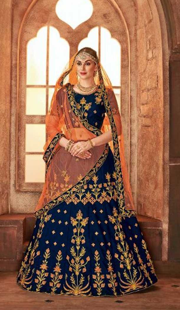 Ethnic Navy Blue Color Satin Silk Mehenga and Ceremony Lehenga | 375844886