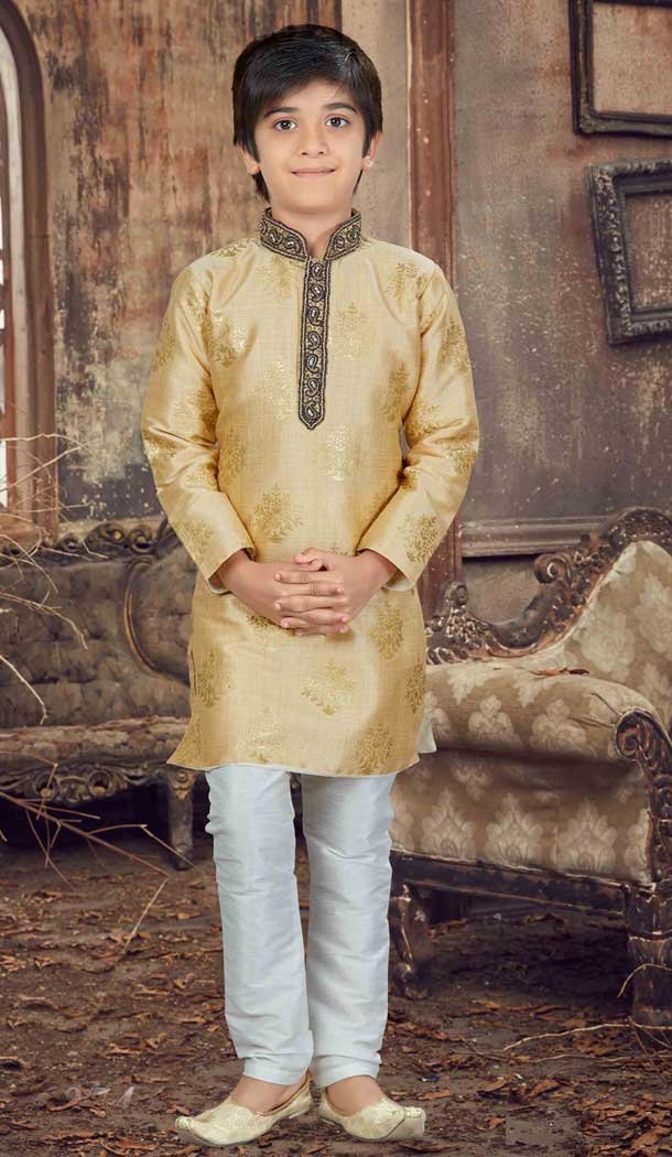 Gold Color Printed Silk Readymade Boy Kurta Pajama | 369744167