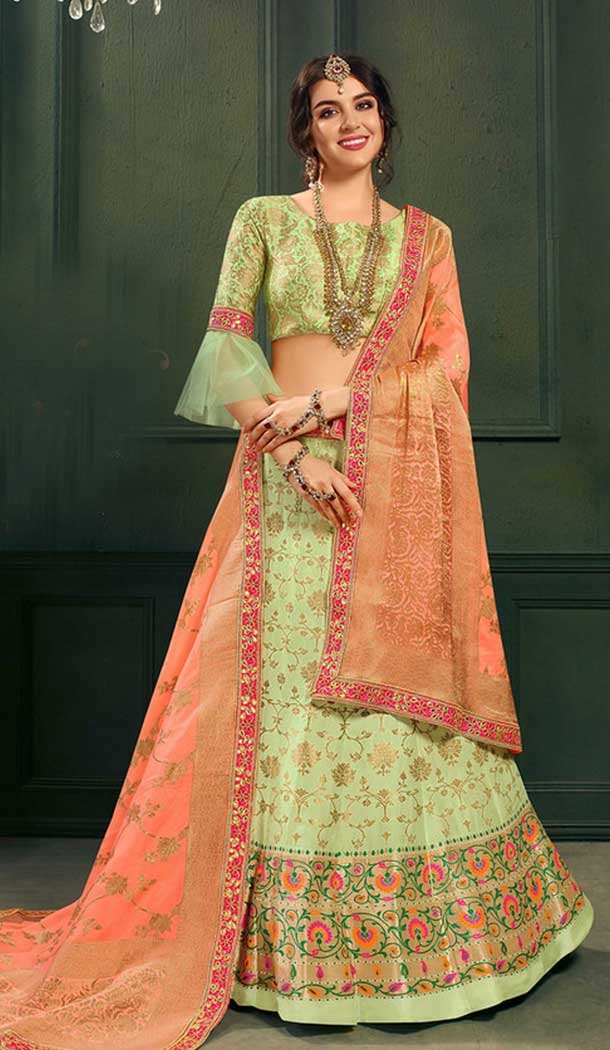 Latest Green Color Pure Silk Indo Western Lehenga Choli | 376544966