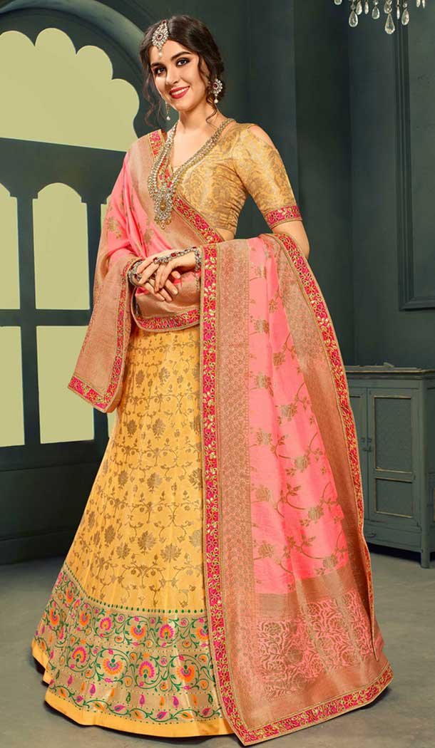 Latest Yellow Color Pure Silk Indo Western Lehenga Choli | 376544967