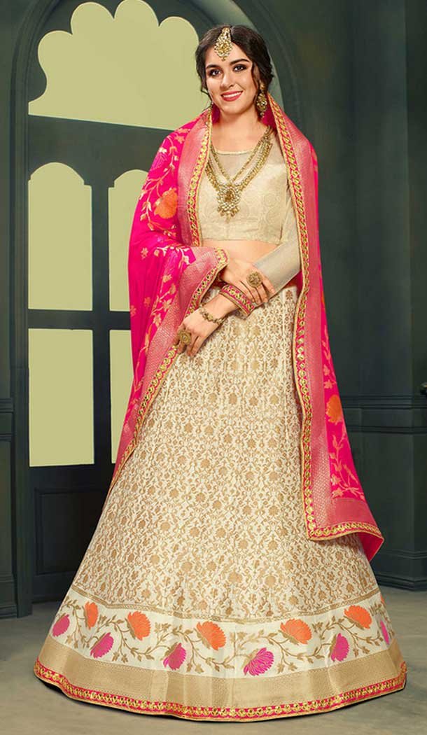 Latest Cream Color Pure Silk Indo Western Lehenga Choli | 376544968