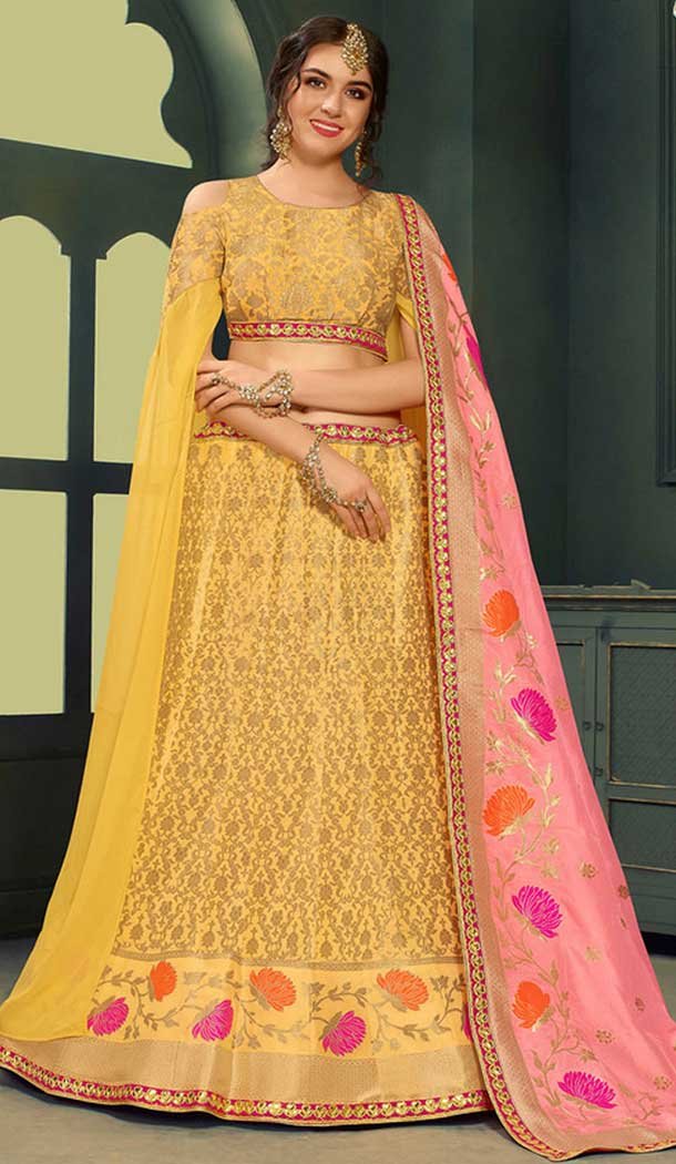 Latest Yellow Color Pure Silk Indo Western Lehenga Choli | 376544969