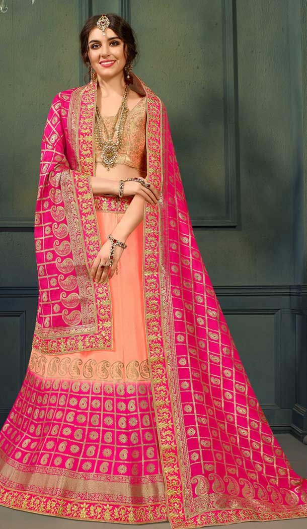 Latest Peach Color Pure Silk Indo Western Lehenga Choli | 376544972