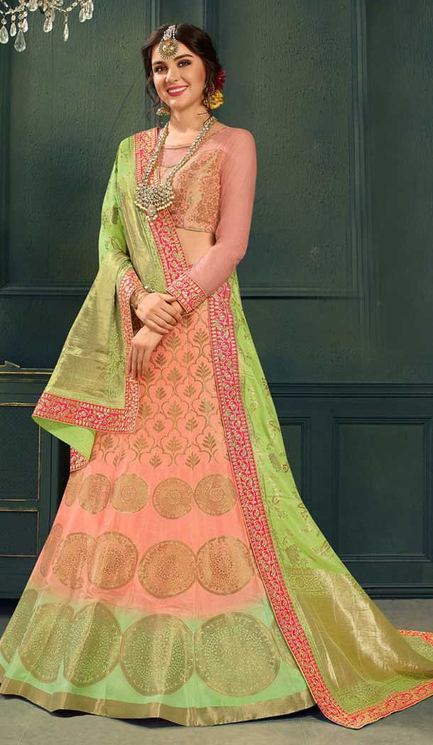 Latest Peach Color Pure Silk Indo Western Lehenga Choli | 376544974