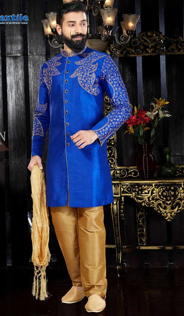 USA Blue Men Kurta Pajama Set Wedding Party Wear