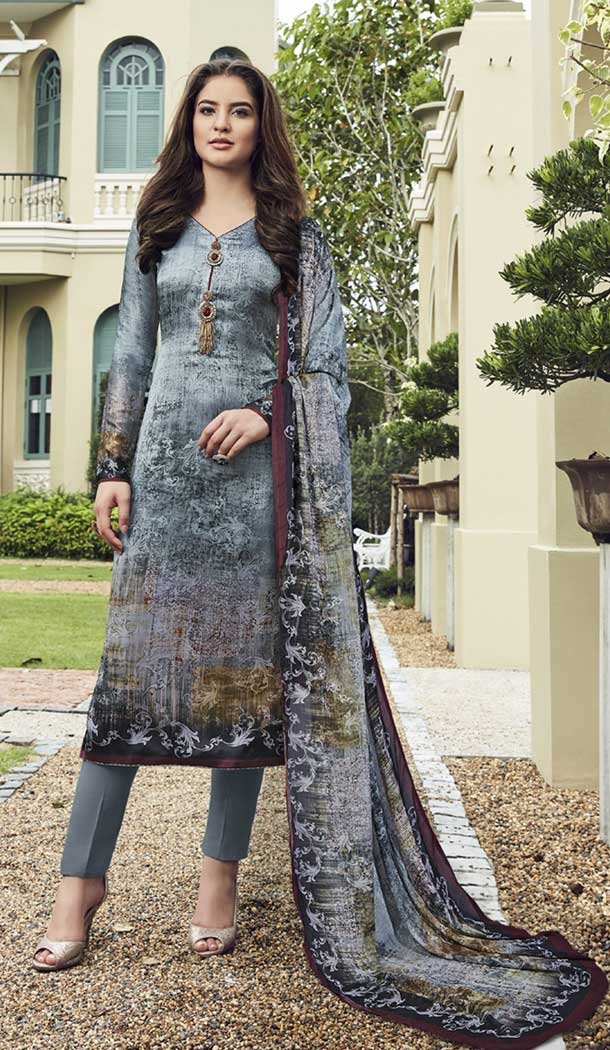 Digital Printed Maska Satin Straight Cut Grey Color Salwar Kameez | 376144919