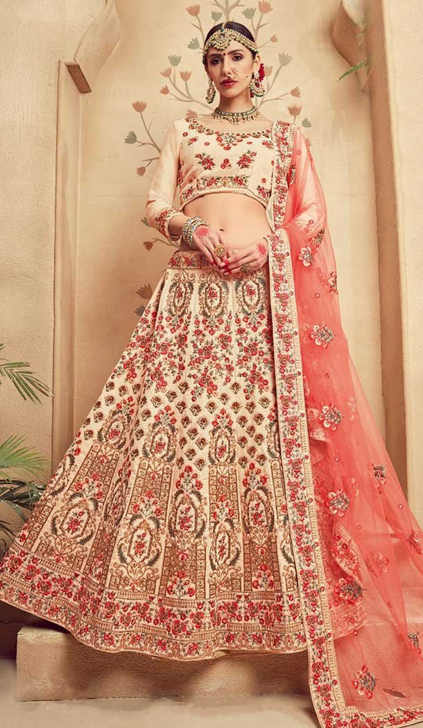 Trendsetter Beige Color Silk Heavy Designer Wedding Lehenga Choli | 377045044