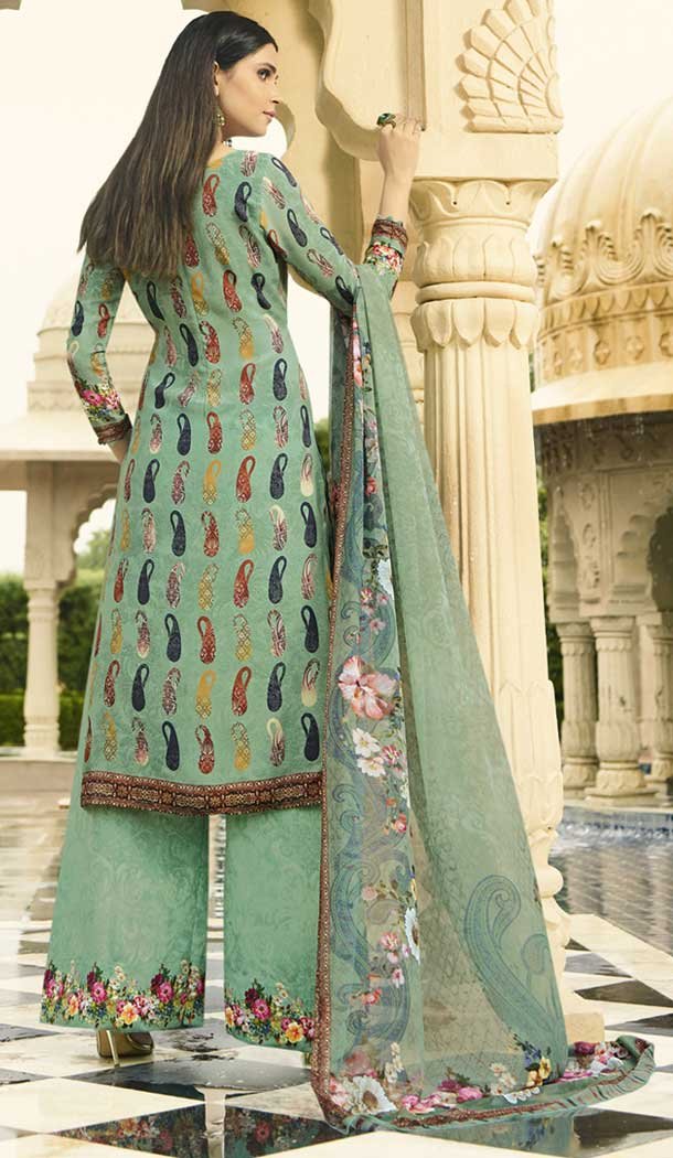 Achkan Style Green Color Faux Italian crepe Casual Wear Palazzo Suit | 383145795