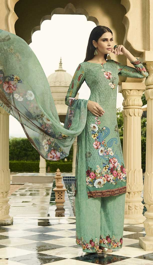 Achkan Style Green Color Faux Italian crepe Casual Wear Palazzo Suit | 383145795