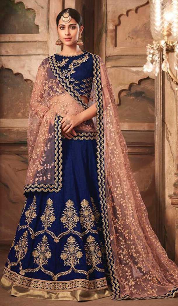 Dark Blue Color Banarasi Silk Designer Wedding Lehenga Choli | 383045787