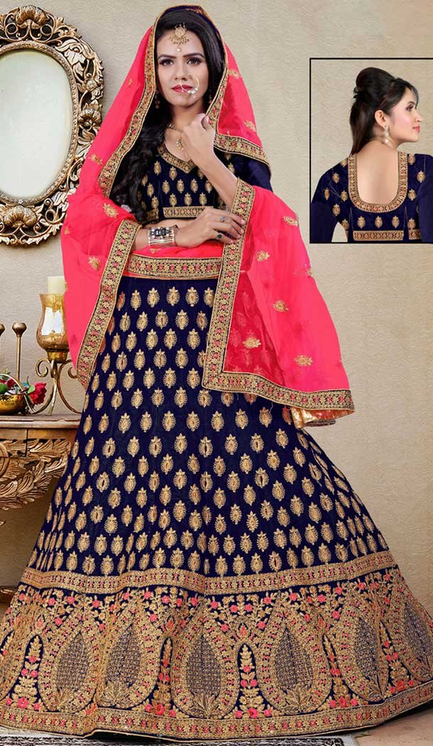 Navy Blue Color Velvet Designer Wedding Lehenga Choli | 387946776
