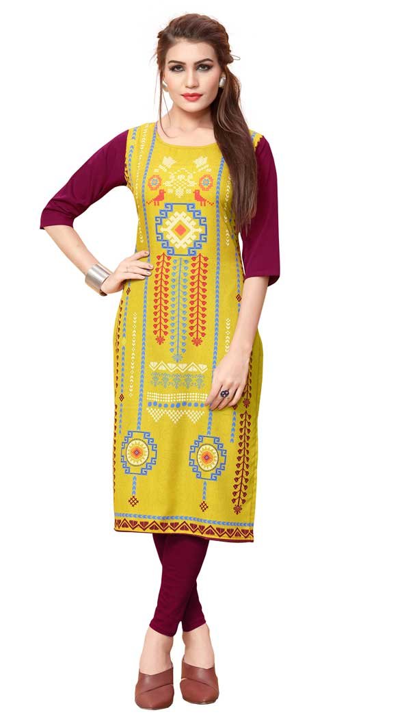 American Crepe Fabric Digital Printed Kurtis in Multi Color - 3312870