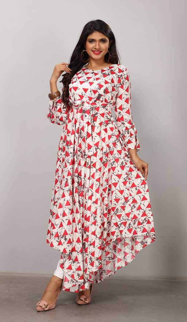 Pink White Color Heavy Rayon Designer Ready made Long Kurti - 3342902