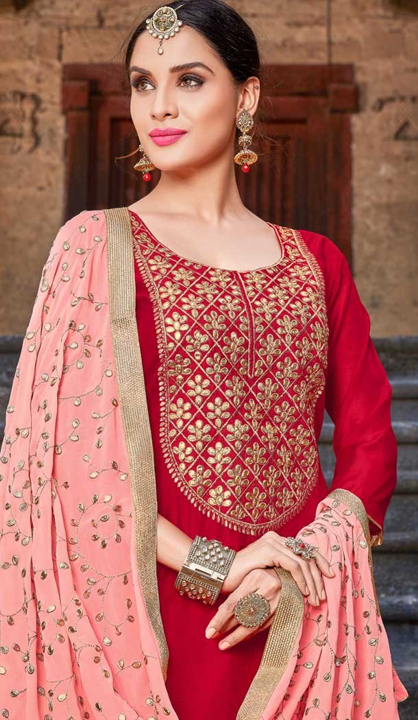 Pakistani Style Red Color Modal Silk Evening Wear Salwar Kameez - 389346890