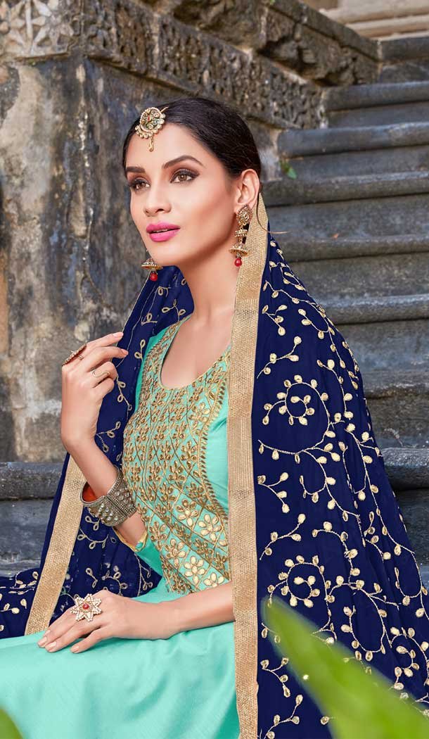 Pakistani Style Sky Blue Color Modal Silk Evening Salwar Kameez - 389346891