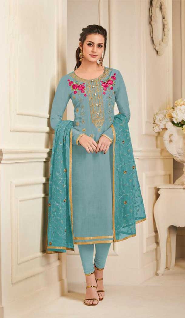 Pakistani Style Pure Upada Silk Aqua Blue Color Salwar Kameez - 393147366