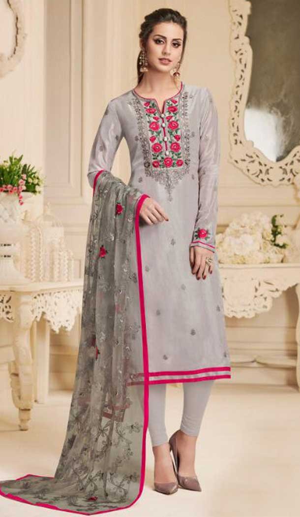 Pakistani Style Pure Upada Silk Grey Color Salwar Kameez - 393147367
