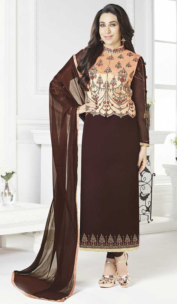 Brown Bollywood Celebrity Karisma Kapoor Salwar Kameez with Jacket - 393547413