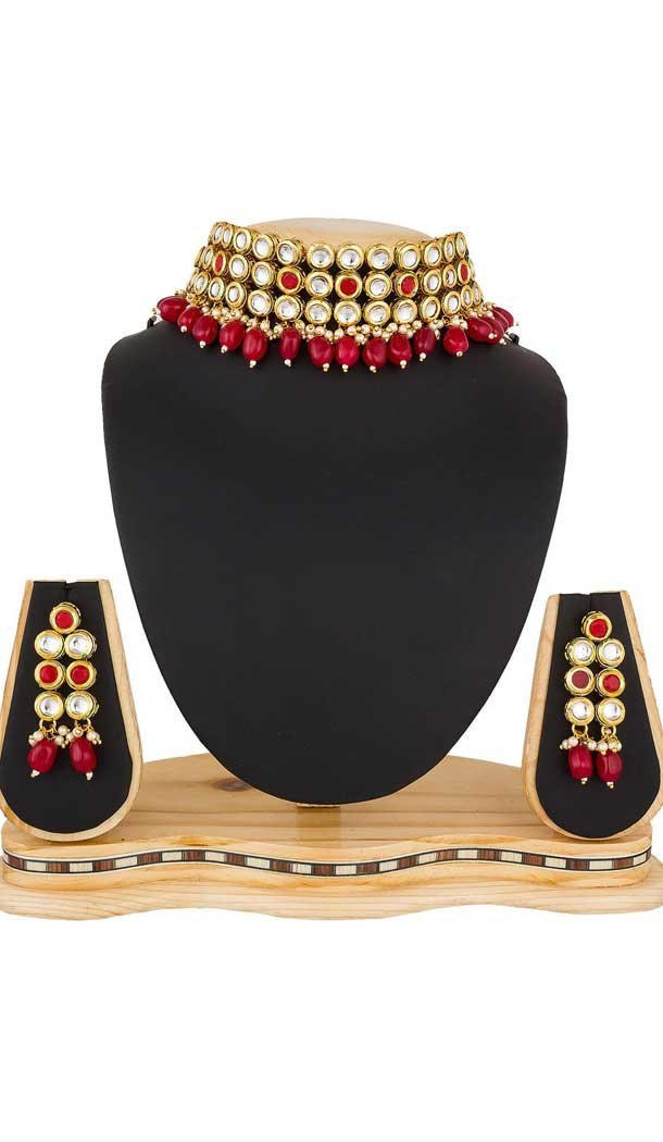 Red Color Kundan Imitation Jewellery Necklace Set 392947336 Heena Style