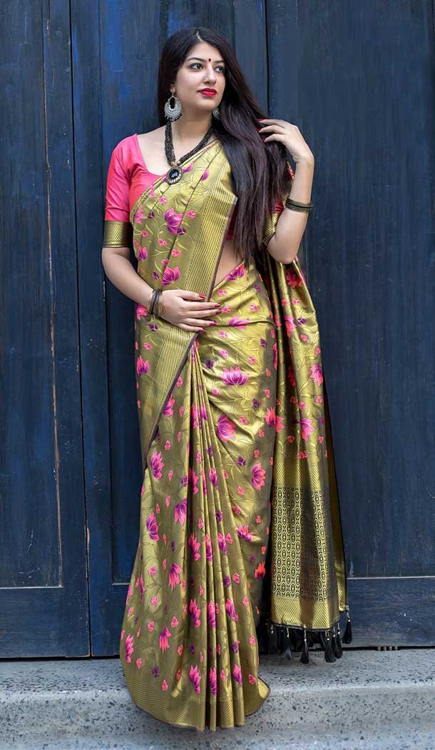 Moukthika Silk Fabric Golden Color Designer Saree Blouse - 393047357
