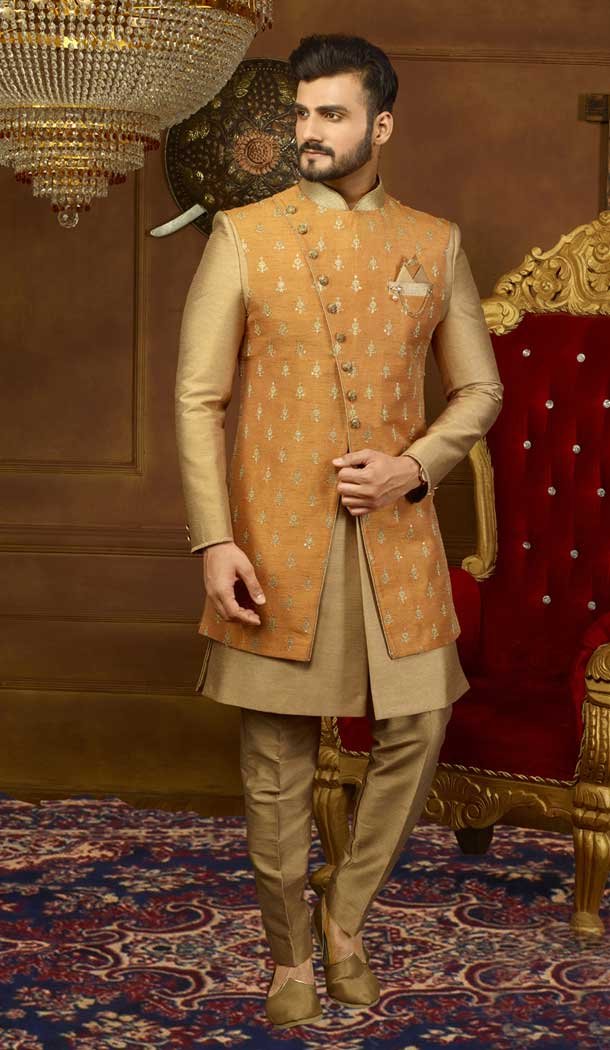 Rust Color Banarasi Silk Men's Kurta Pajama with Plus Size - 395747793