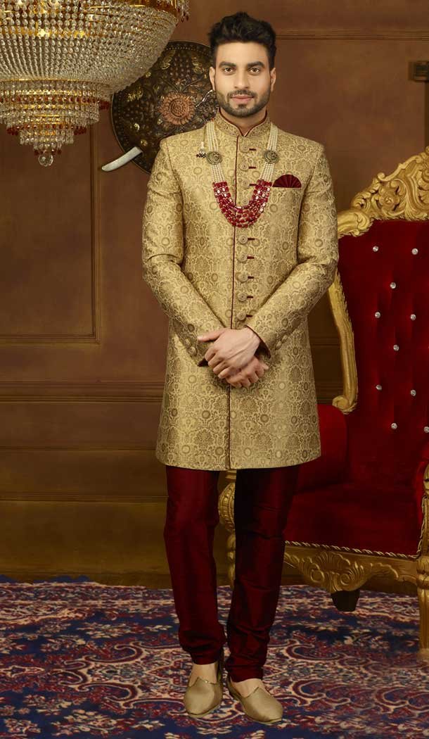 Gold Jacquard Silk Ready Made Kurta Pajama with Plus Size - 395747798