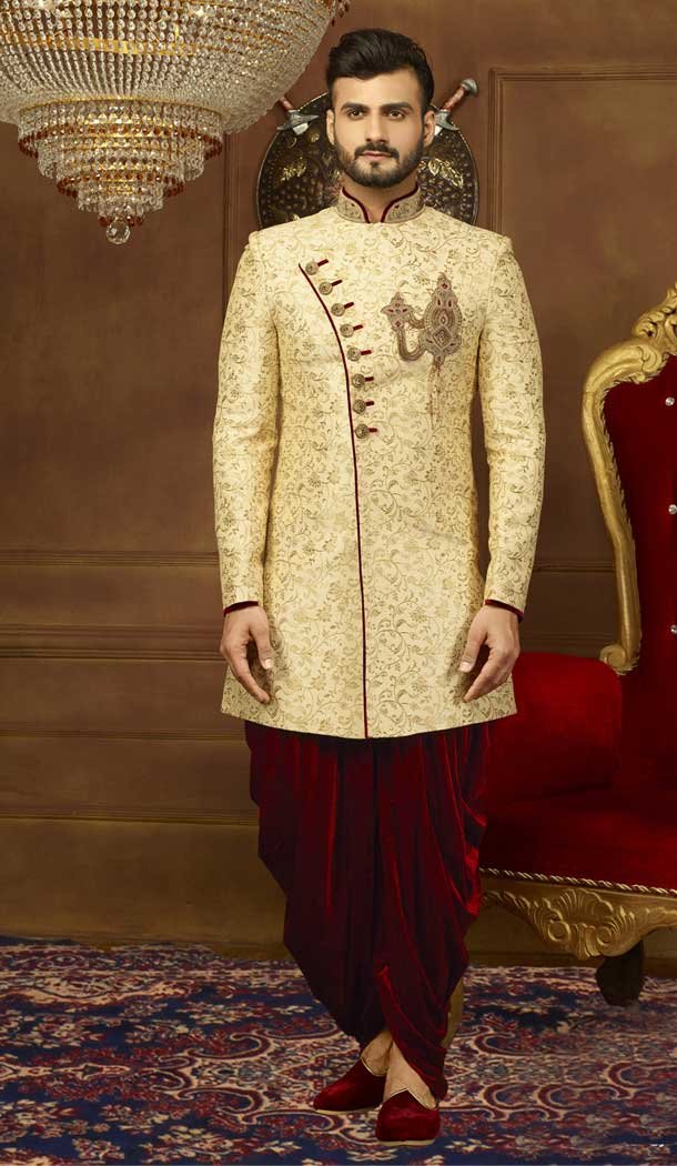 Cream Color jacquard Silk Men's Wear Kurta Pajama with Plus Size - 395747809